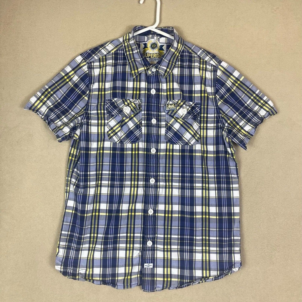 Superdry Shirt Adult 2XL XXL Blue Yellow Plaid The Washbasket Shirt Short Sleeve